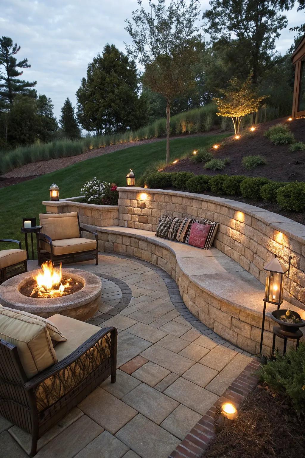Warm up your patio with a fire pit integrated into your retaining wall.