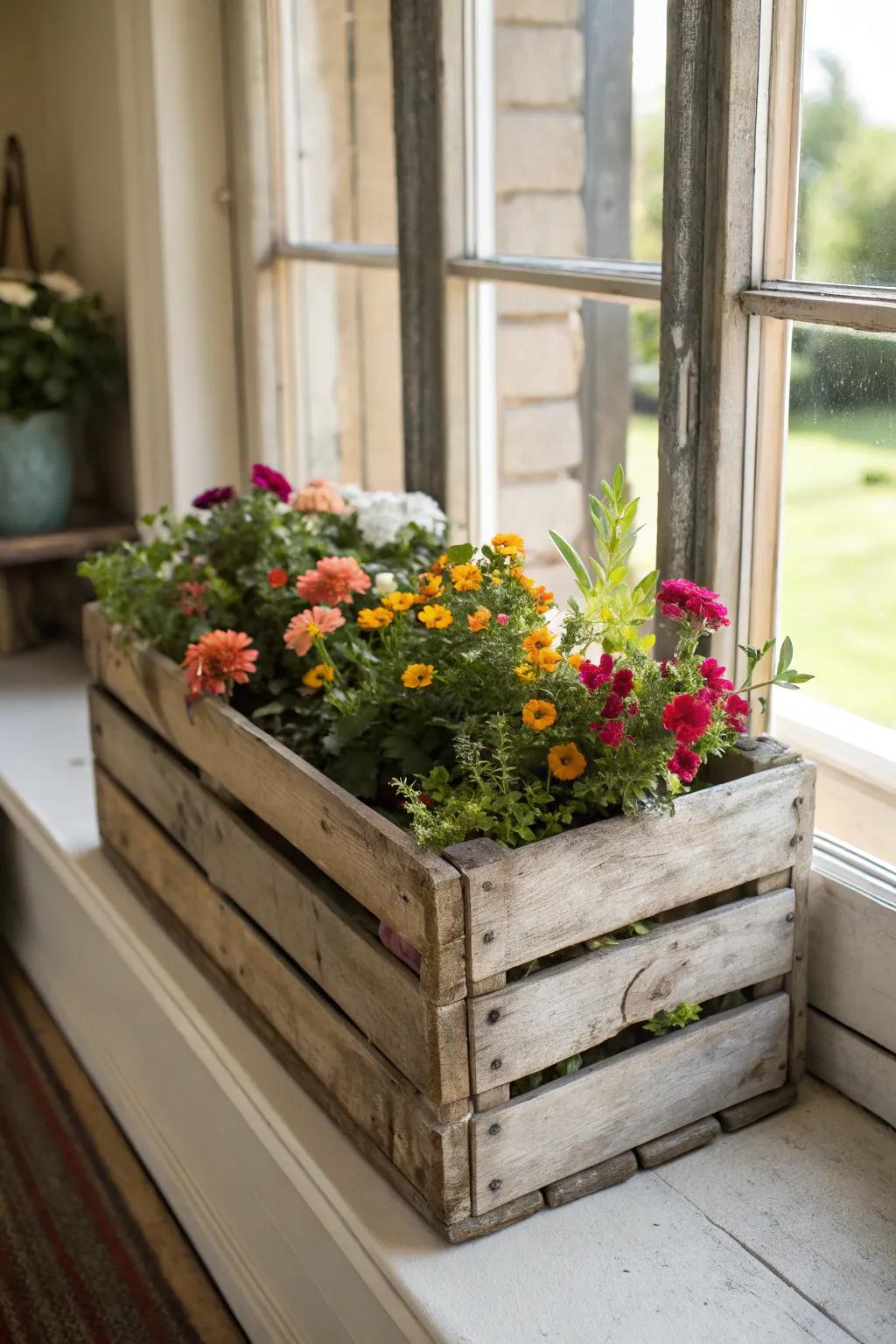 An eco-friendly flower box made from a repurposed wooden crate.