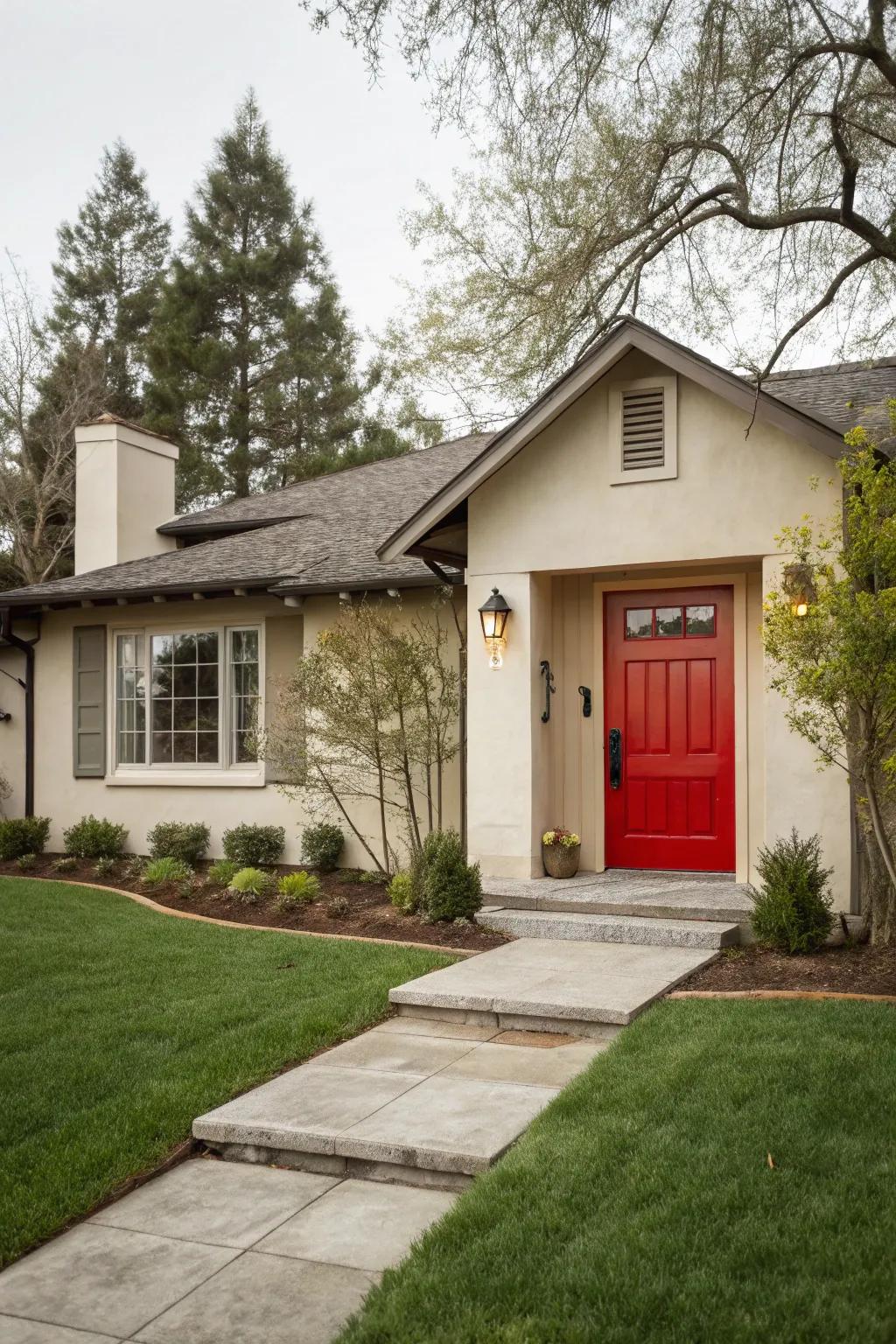 Vibrant painted front door adds character and contrast to your home.