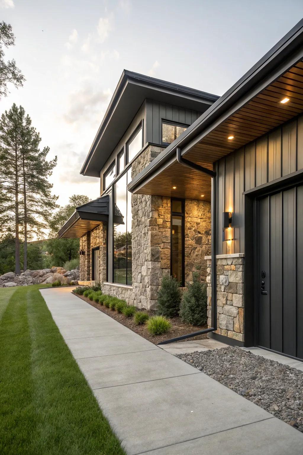 Combining stone with metal elements creates a dynamic facade.