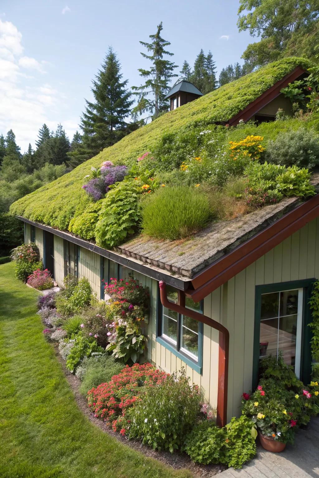 A verdant green roof merges sustainability and stylish greenery.