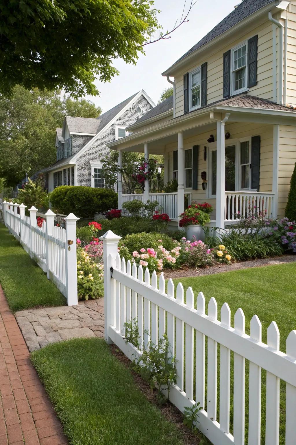 Classic white picket fences enhance warmth and welcome.