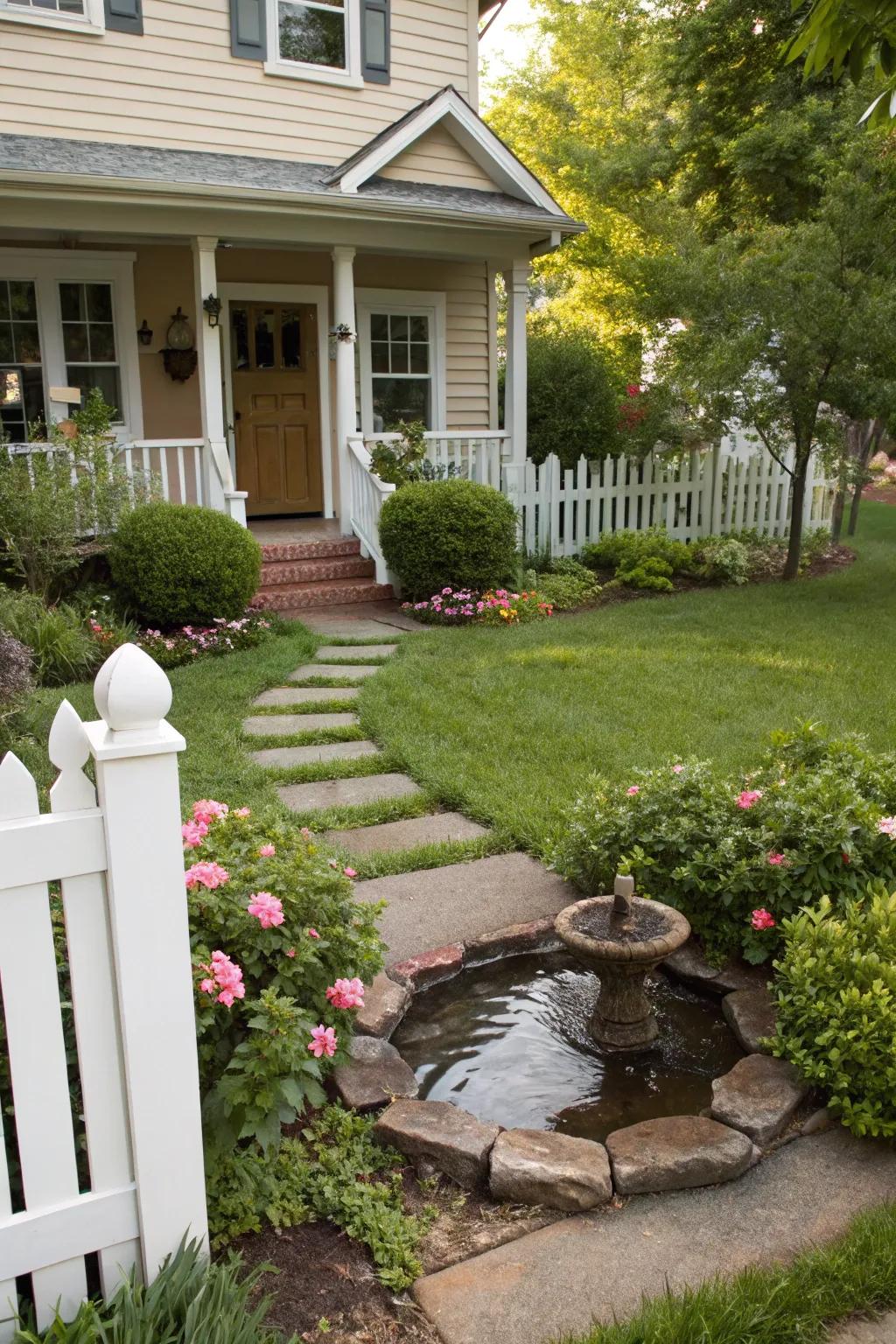 A small water feature providing soothing sounds and visual interest near the front door.