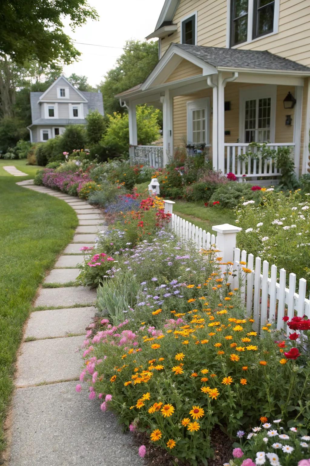 A charming wildflower border adding whimsy and natural beauty to the front yard.
