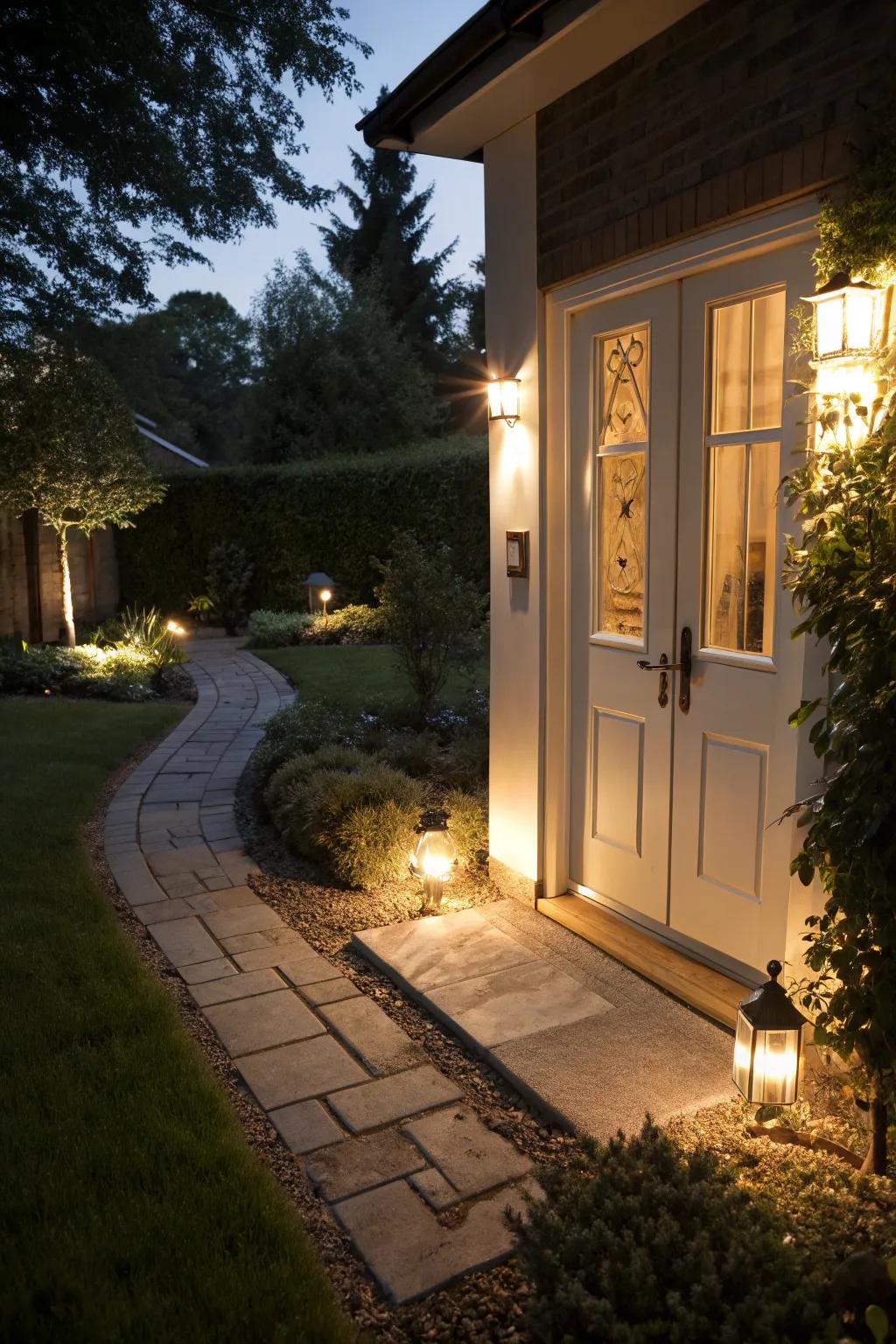 Outdoor lighting creating a warm and safe ambiance around the front entrance.