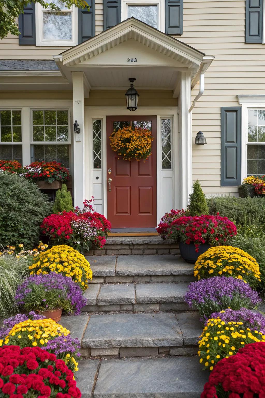 Front door flanked by vibrant flower beds, creating a colorful and inviting entrance.