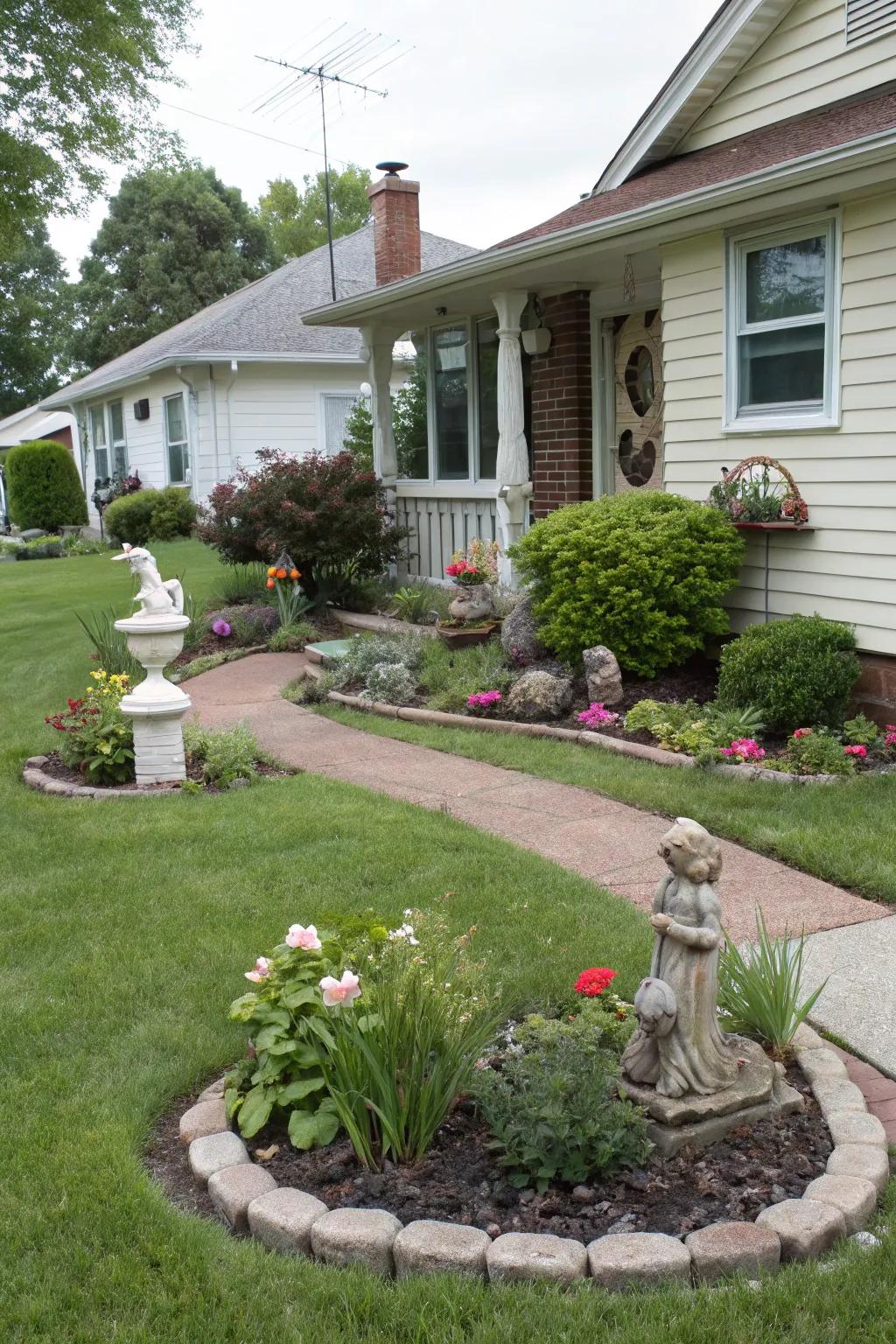 Decorative garden sculptures adding personality and charm to the front entrance.