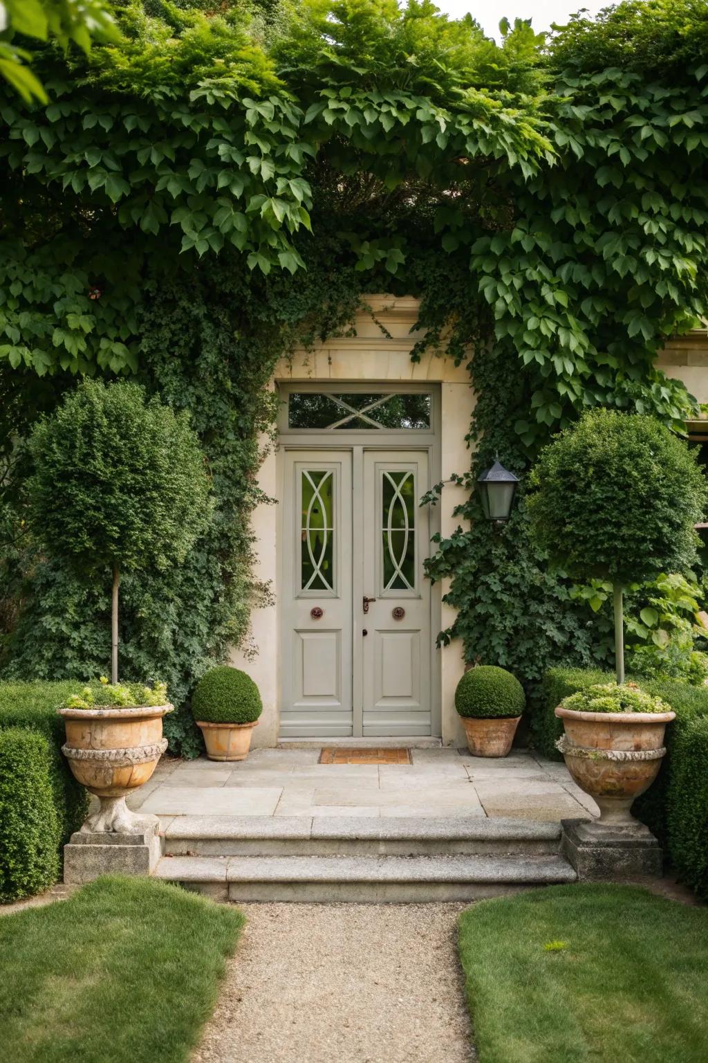 Symmetrical potted plants enhancing the balance and harmony of a front entrance.