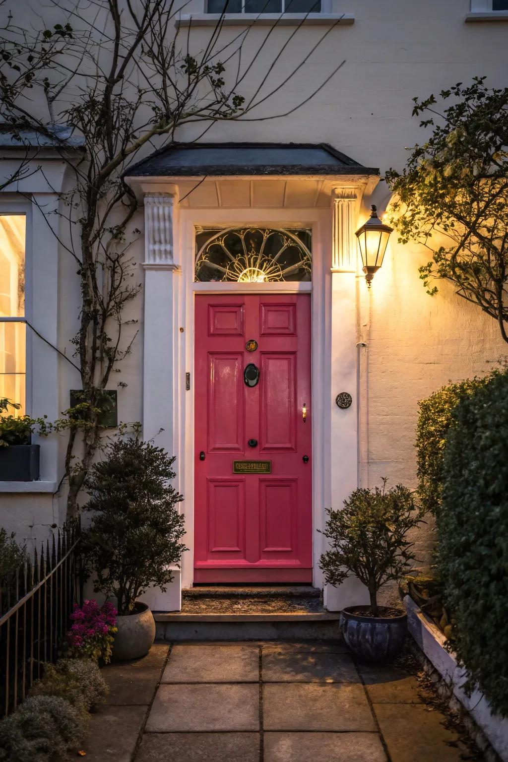 A bold-colored door creating a striking and memorable entrance.