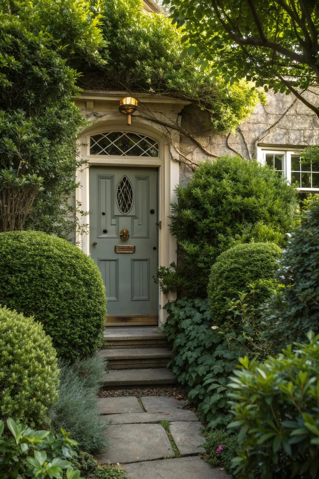 Lush bushes and shrubs offering a green, inviting look at the front entrance.