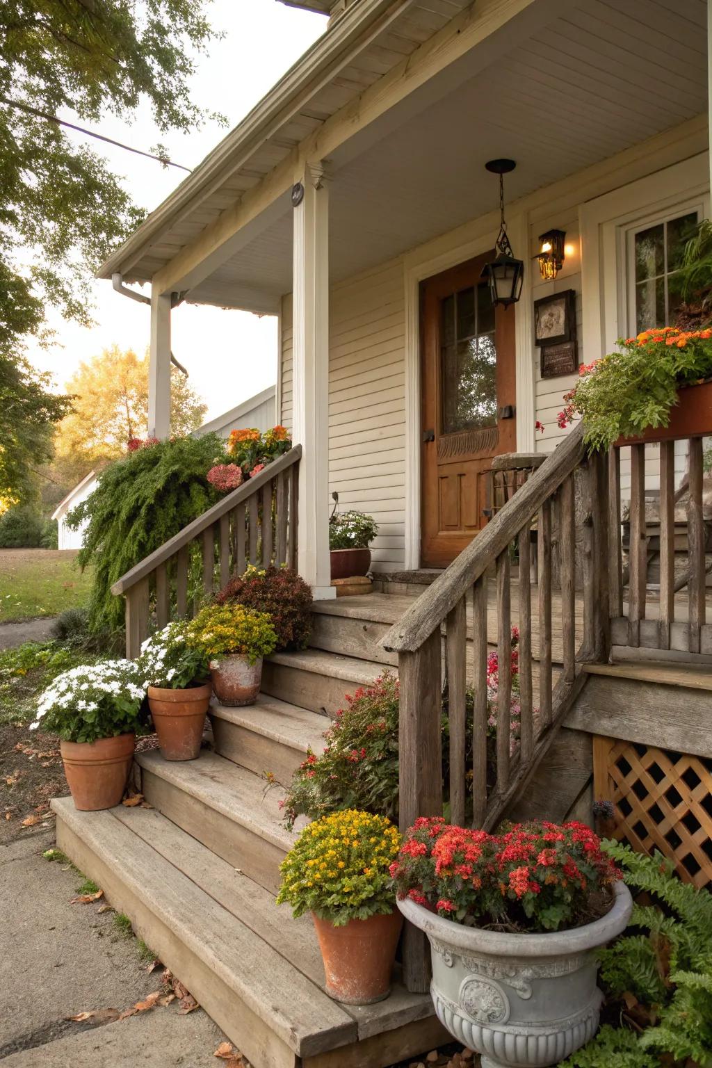 Seasonal potted plants adding a fresh touch to the front porch.