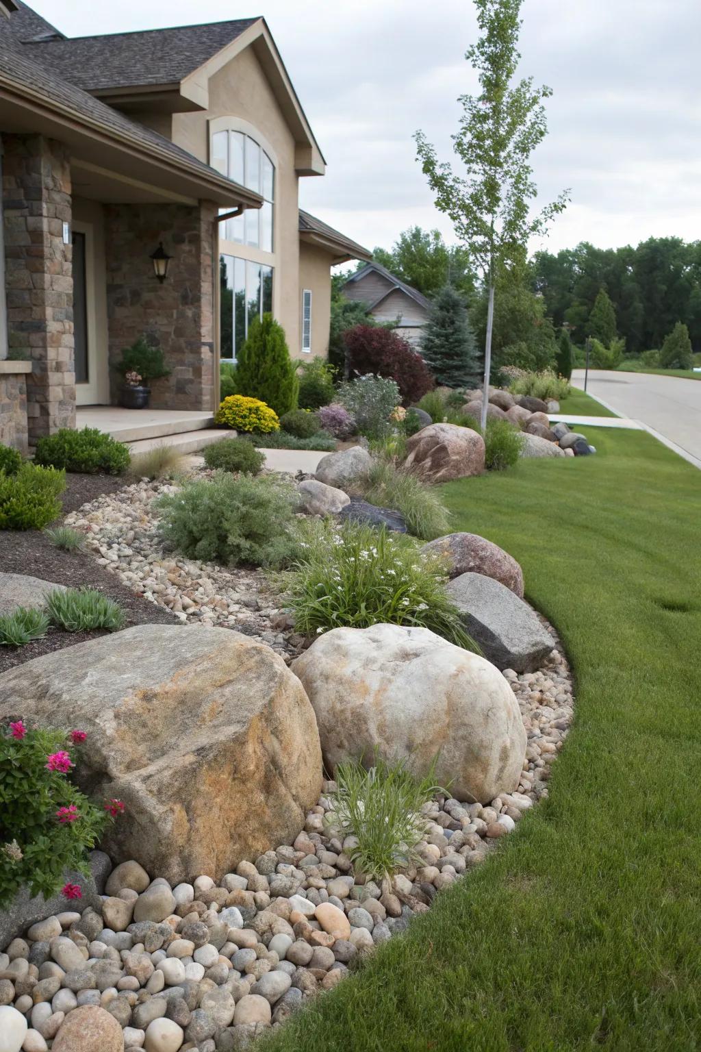 Natural rocks and boulders adding texture and interest near the front door.