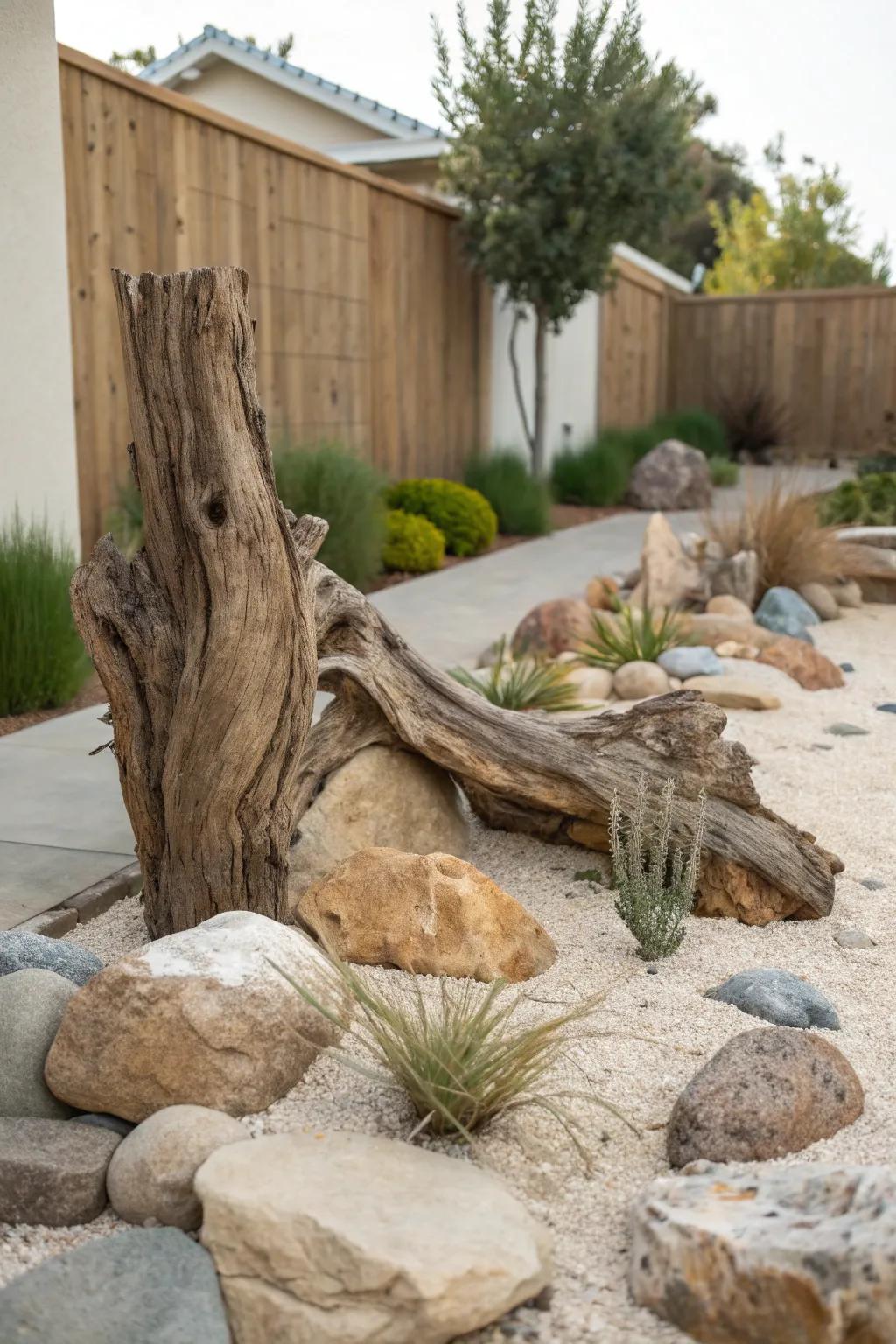 Driftwood adding a natural touch to a dry garden.