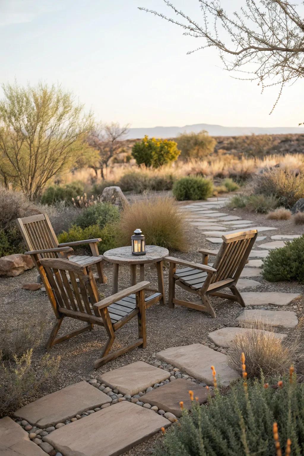 A charming seating area nestled within a dry garden.