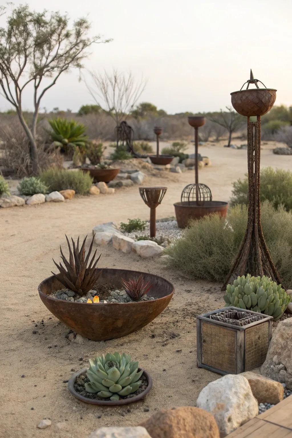 Metal accents adding a modern touch to a dry garden.