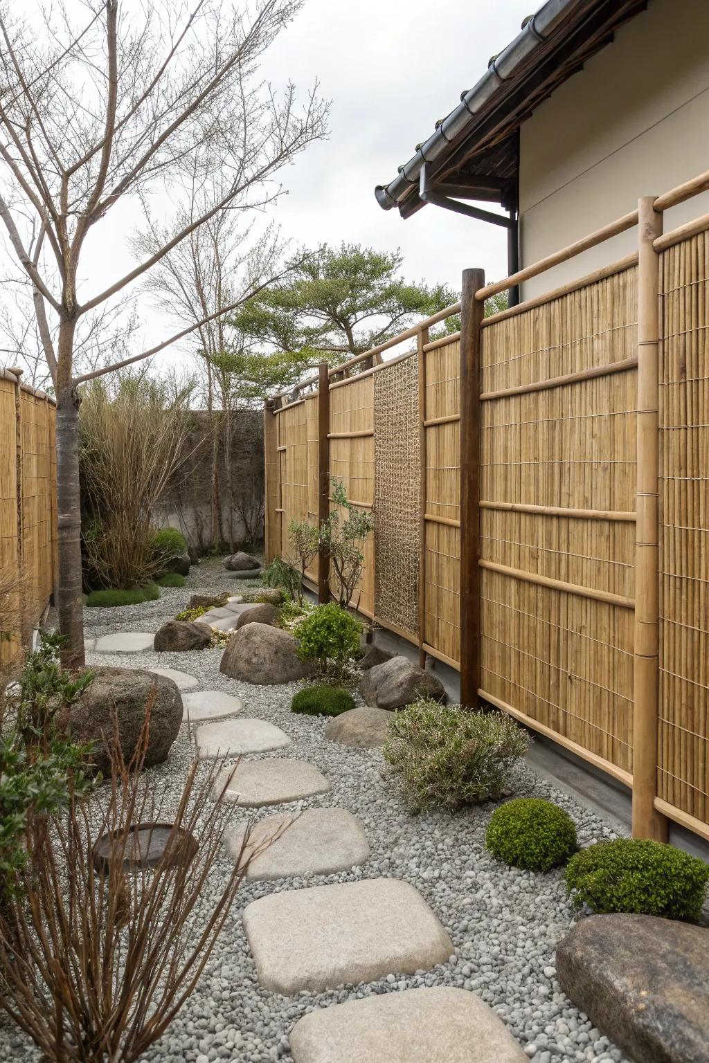 Bamboo screens enhancing privacy in a dry garden.