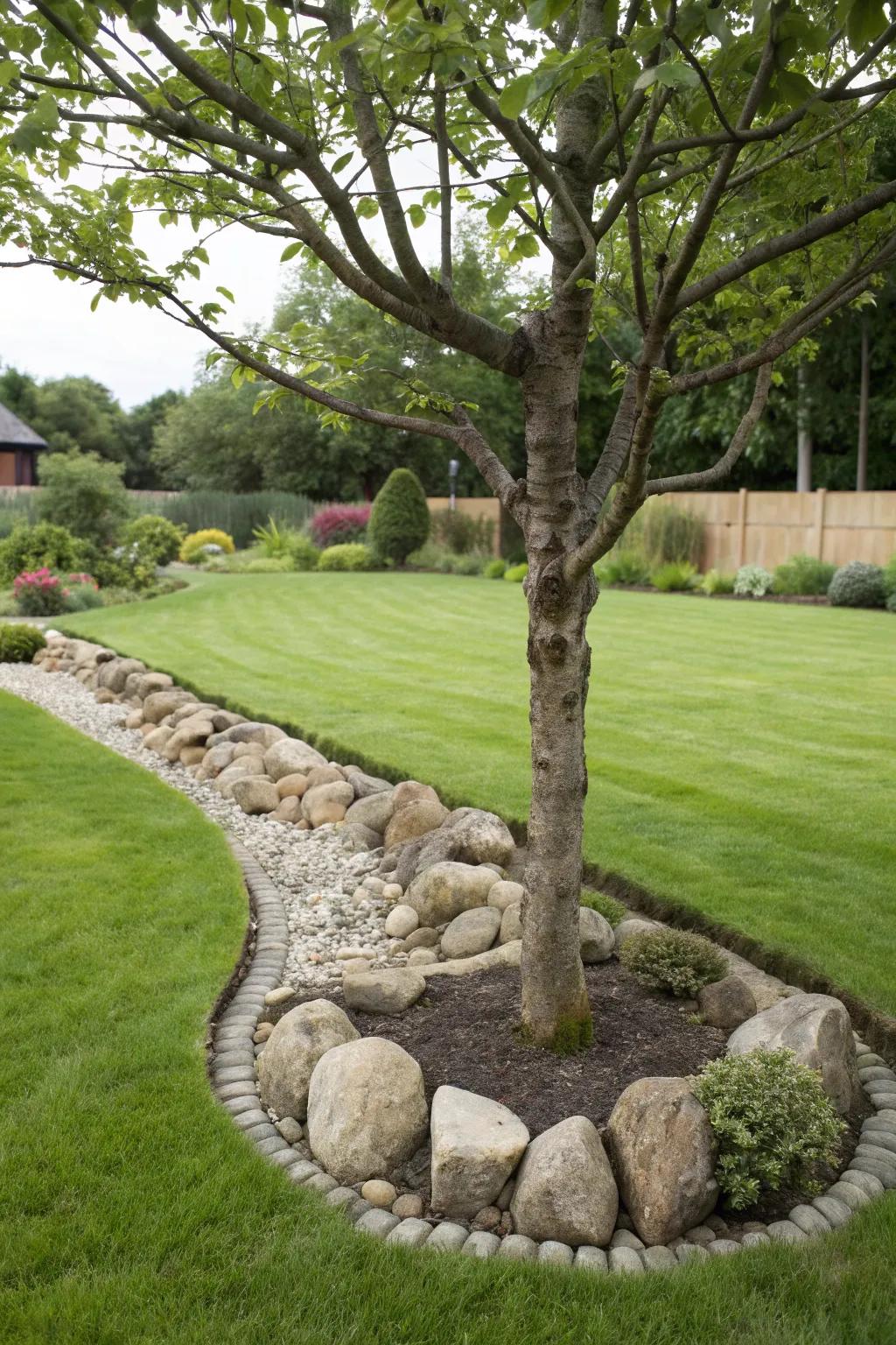 Defined edging provides a clean separation between rocks and lawn.