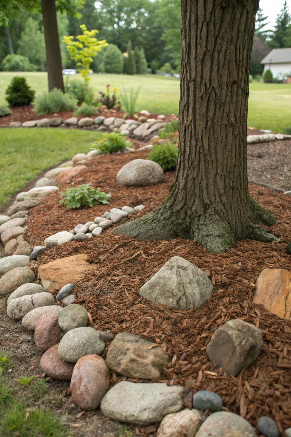 Layering rocks with mulch enhances both aesthetics and tree health.