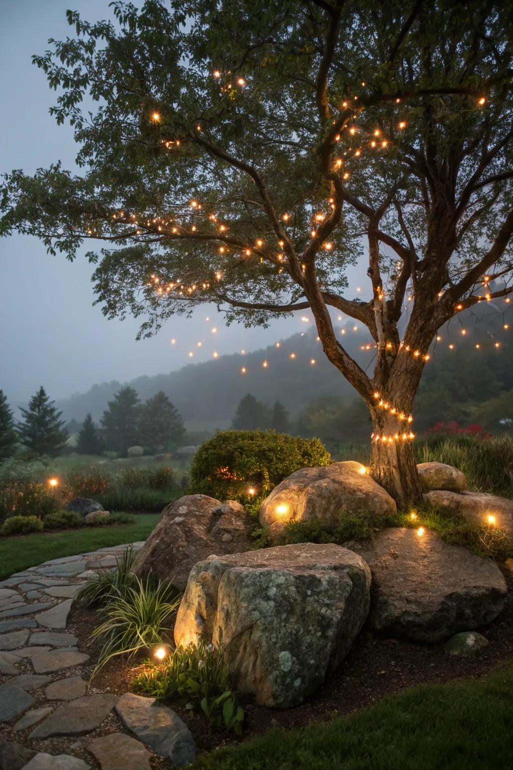 Illuminated rock features turn your garden into a nighttime wonderland.
