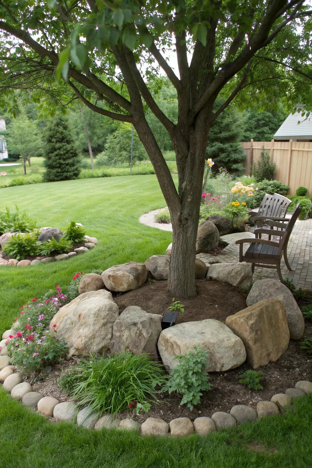 Rock seating areas blend functionality with beauty.