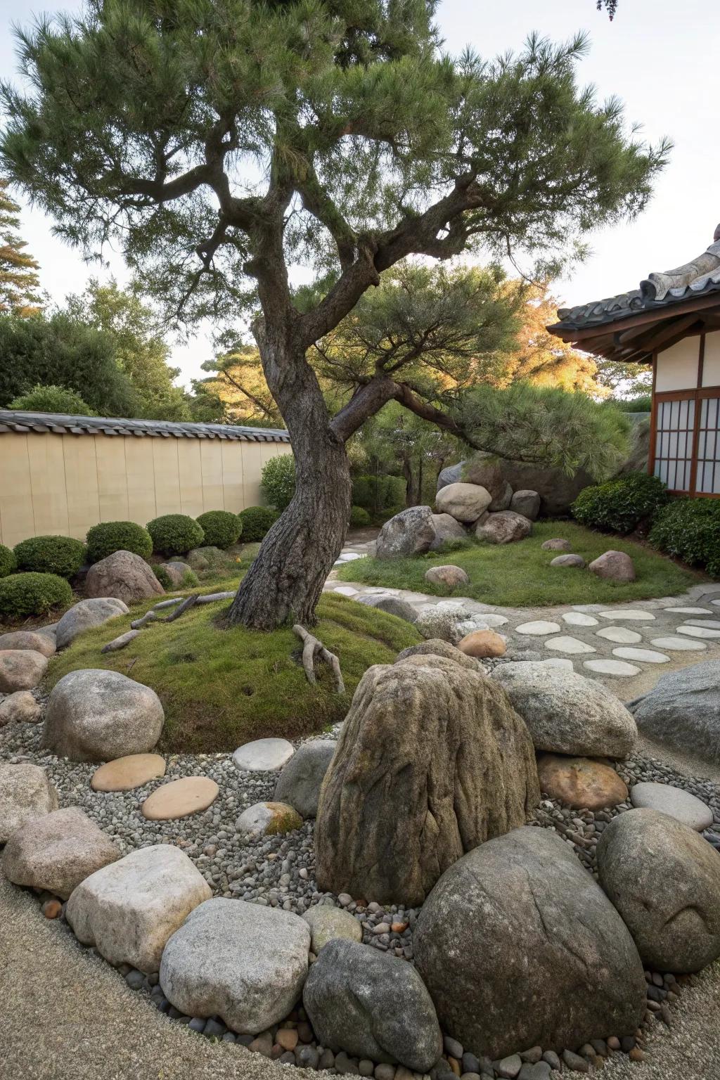 Organic rock shapes create a harmonious flow around your tree.