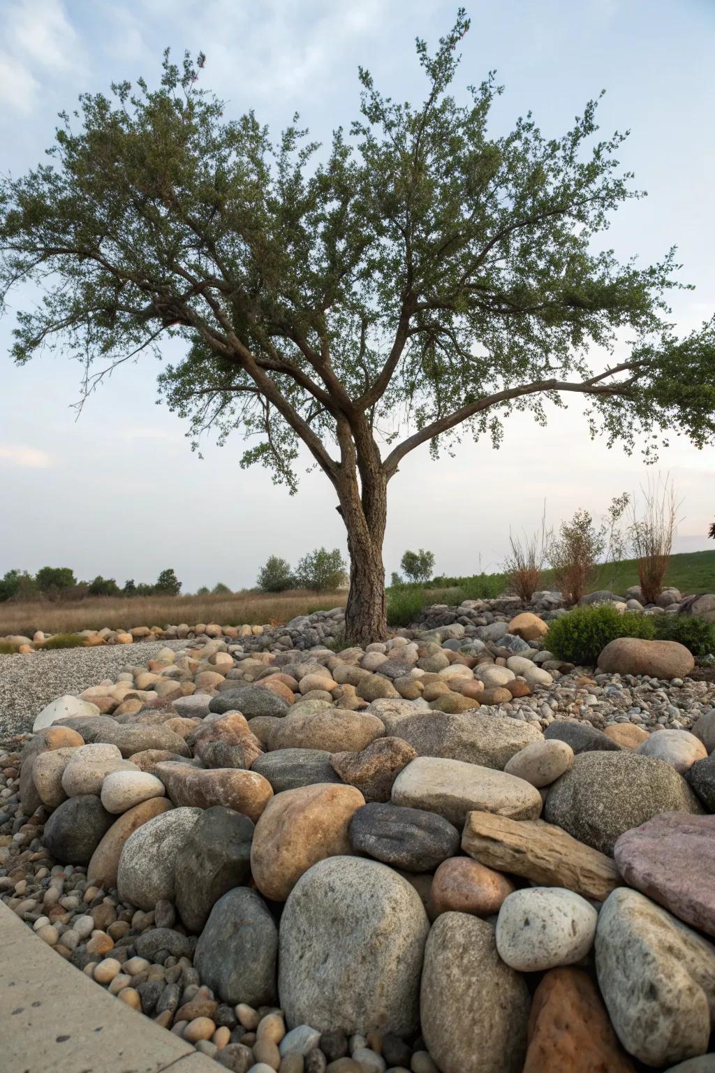 A mix of rock types can transform a simple tree base into a stunning focal point.