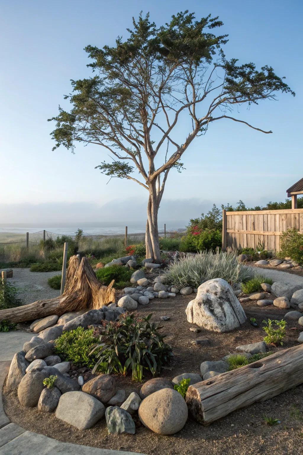 Rocks and driftwood together offer a natural, rustic appeal.