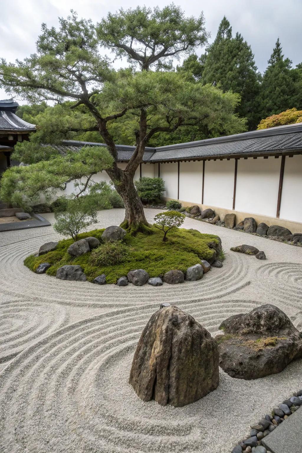 Zen garden style brings peace and reflection to your tree landscape.