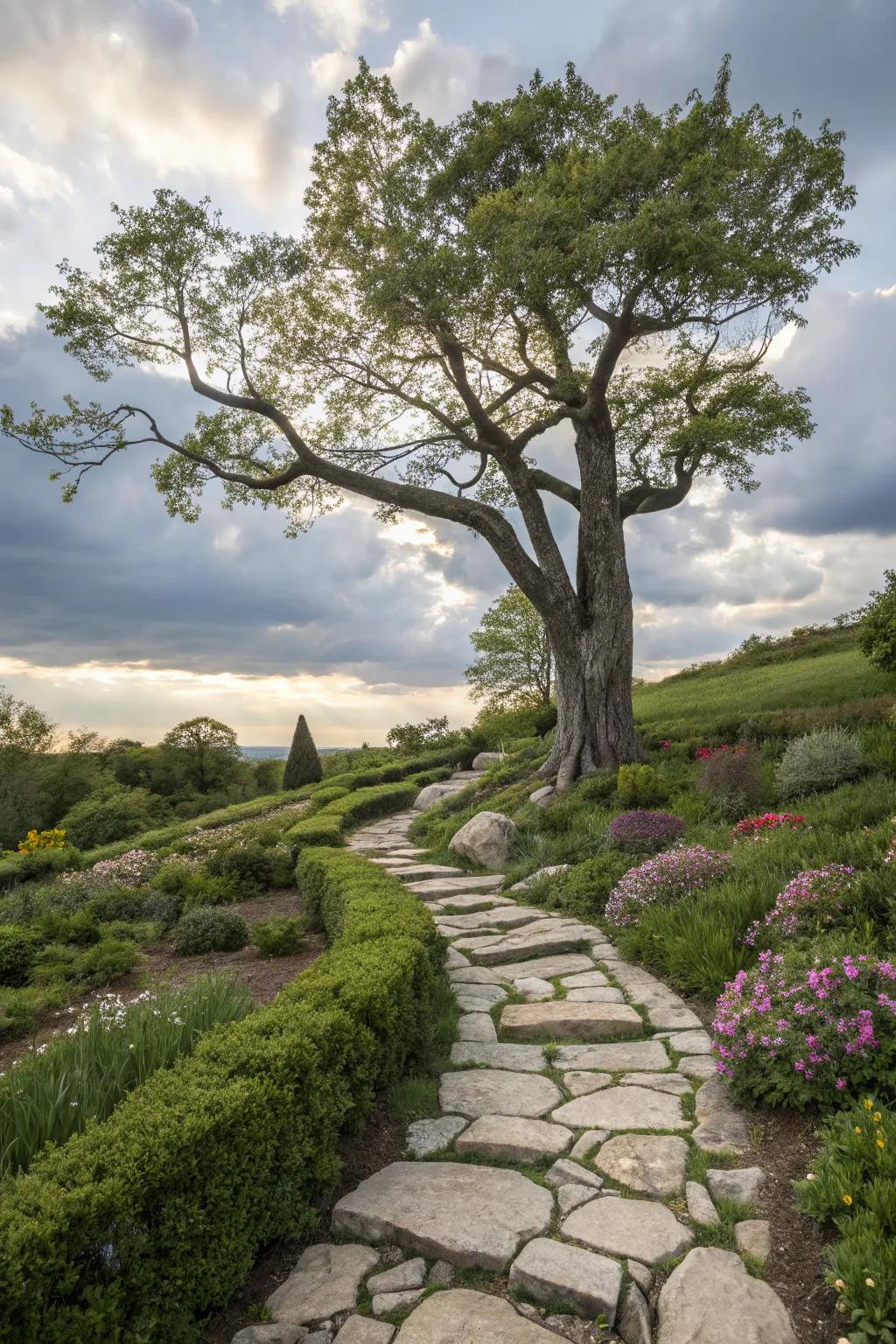 Rock pathways provide structure and accessibility around trees.