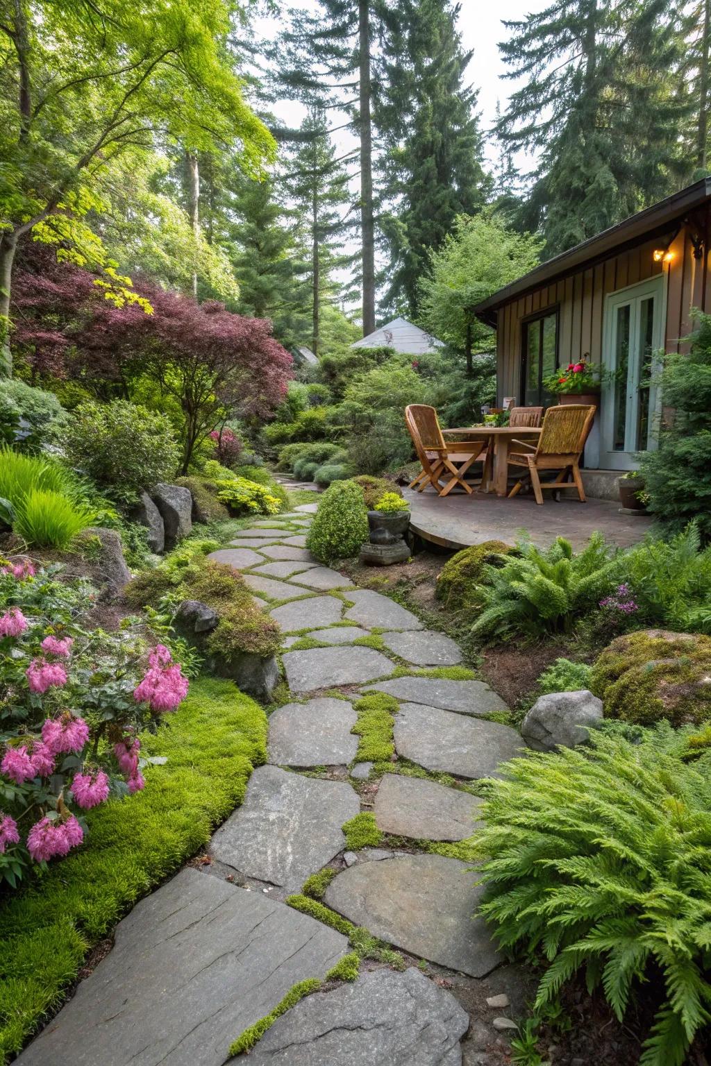 Natural stone pathways blend seamlessly with lush greenery.
