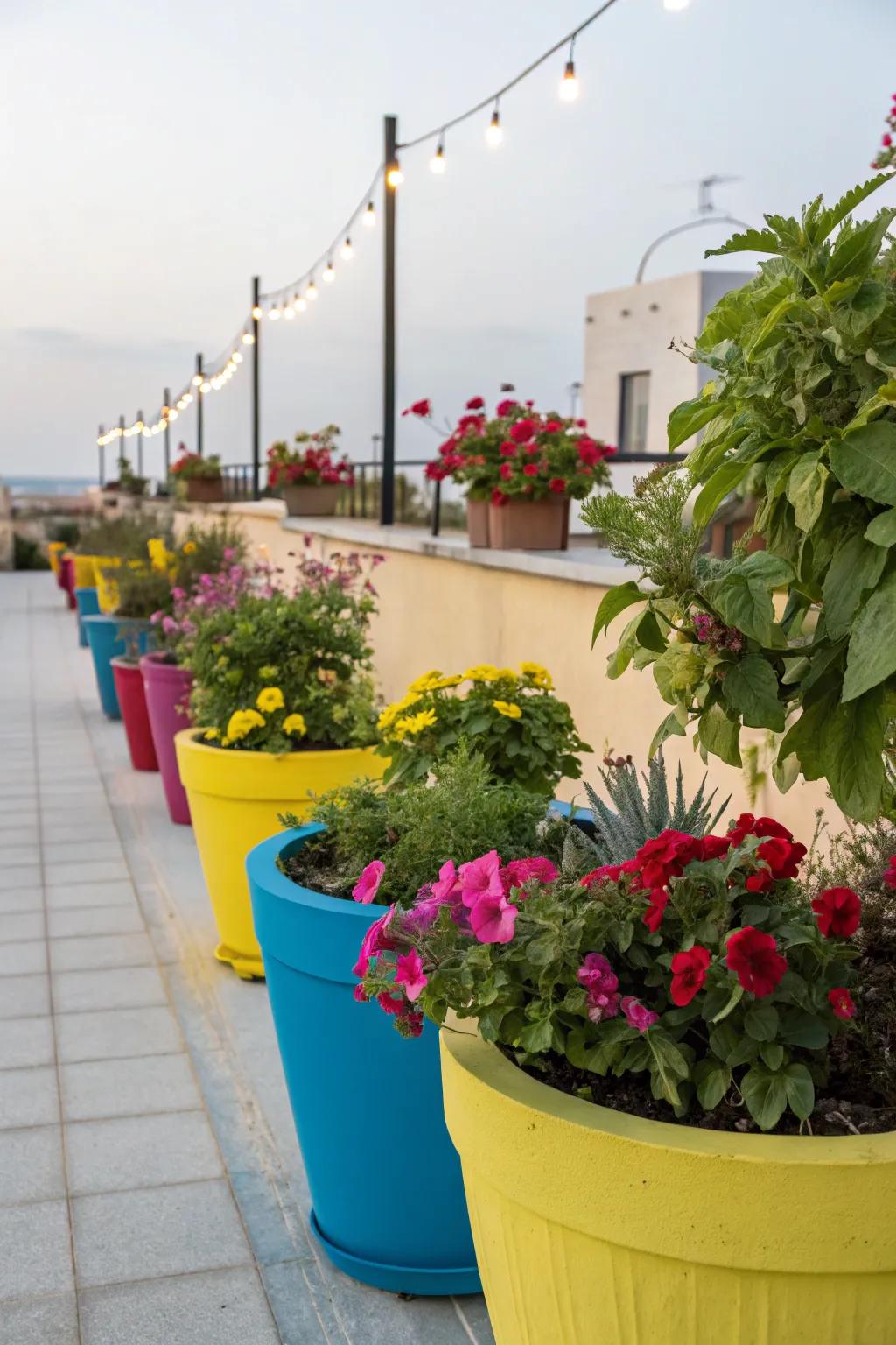 Colorful planters brighten up your patio.
