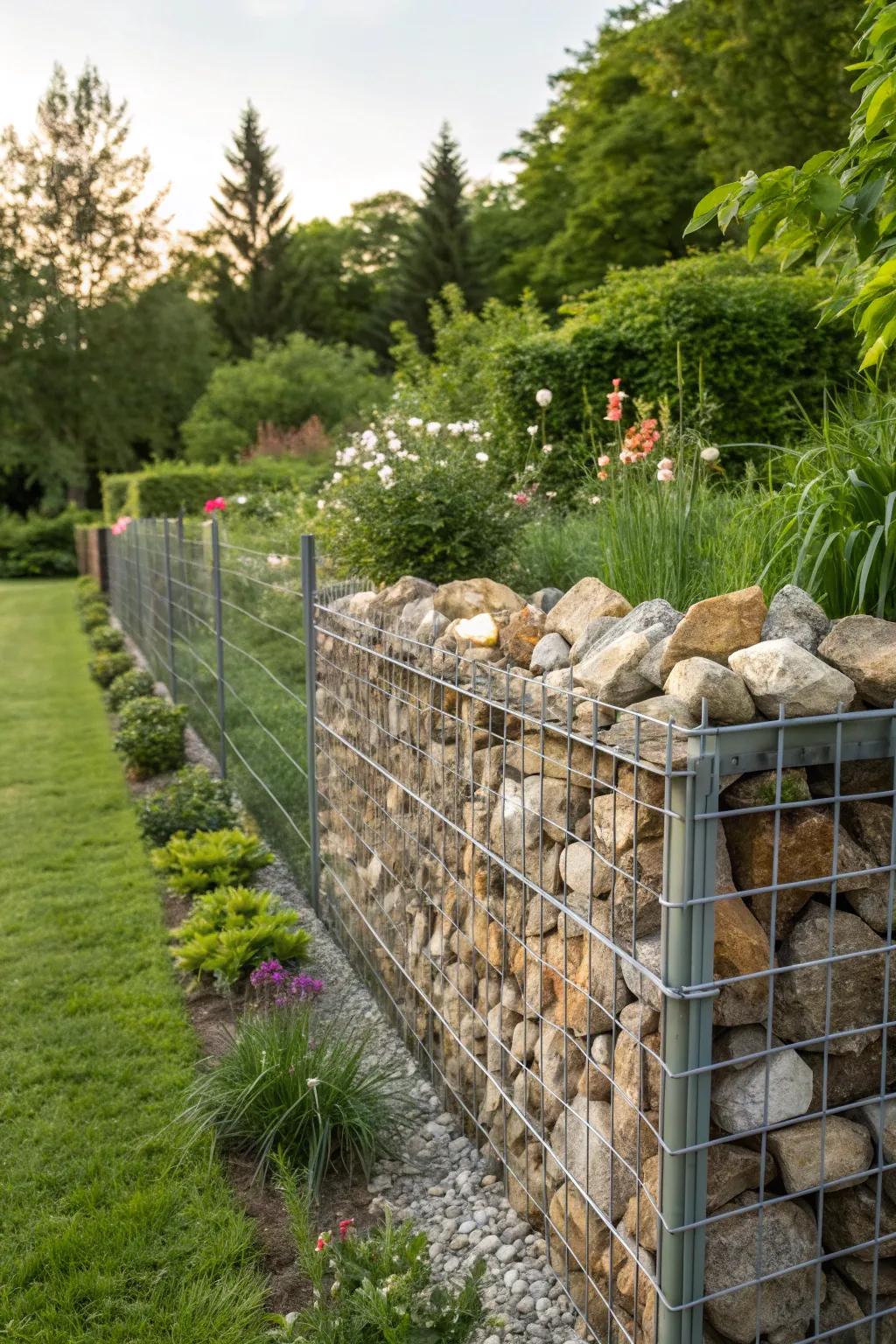Gabion fence boasting natural stones with earthy, rustic colors blending harmoniously with the garden.