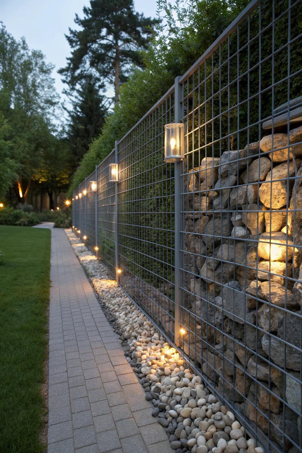 Creative gabion fence with concealed sculptures and integrated lighting producing delightful surprises.