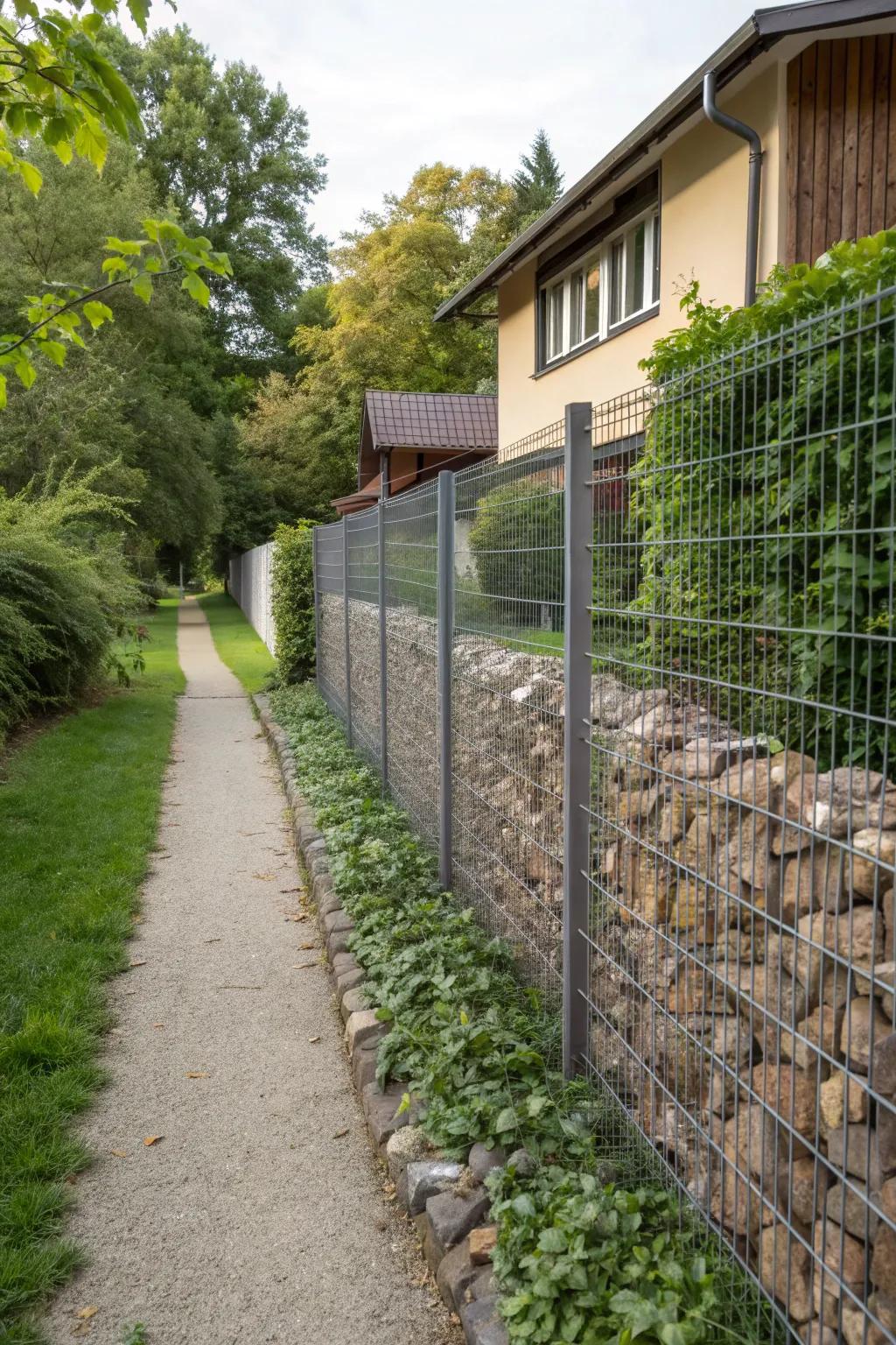 Gabion fence defining property edges with both function and artistic appeal.