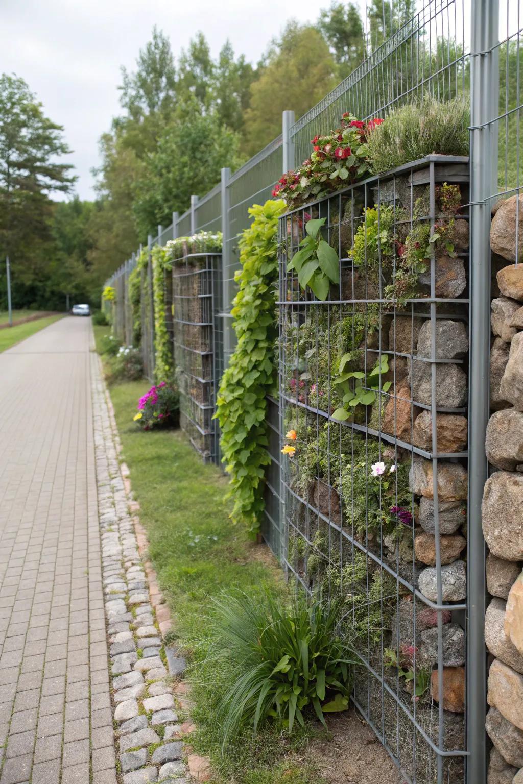 Gabion fence adapted into a vertical garden, optimizing green space in compact yards.