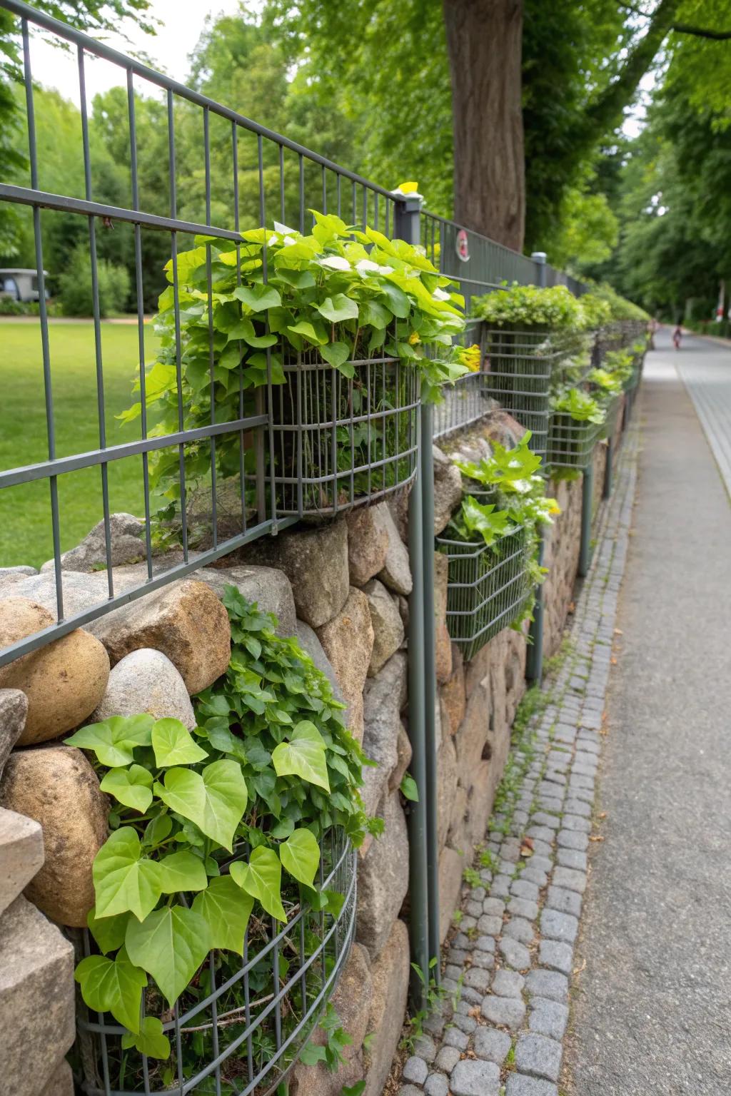 Planter sections incorporated into a gabion fence promote lush greenery cascading among stones.
