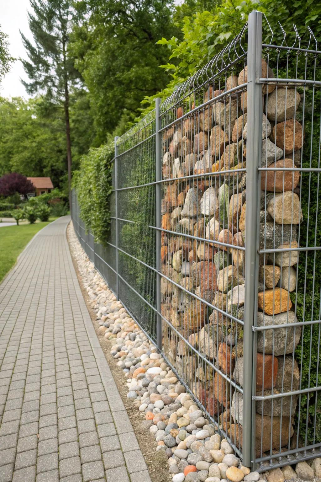Vivid stone arrangements within a gabion fence produce an engaging piece of outdoor artwork.