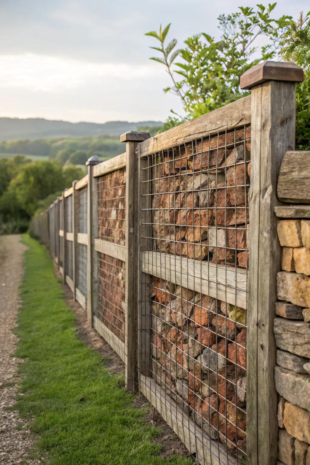 Gabion fence filled with reclaimed bricks and timber demonstrating charming rustic aesthetics.
