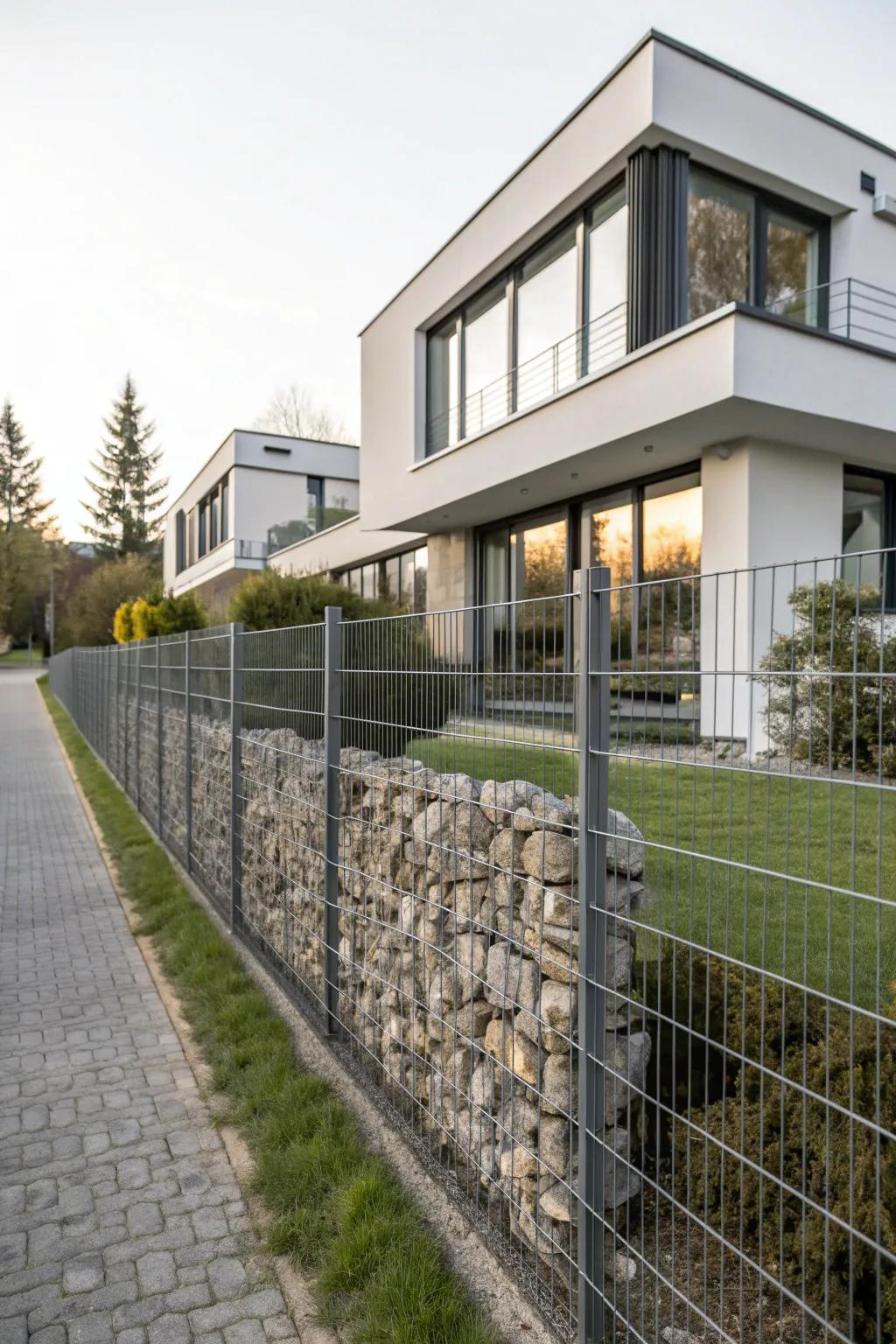 Minimalist gabion fence featuring clean symmetry, perfectly suited for a contemporary home.