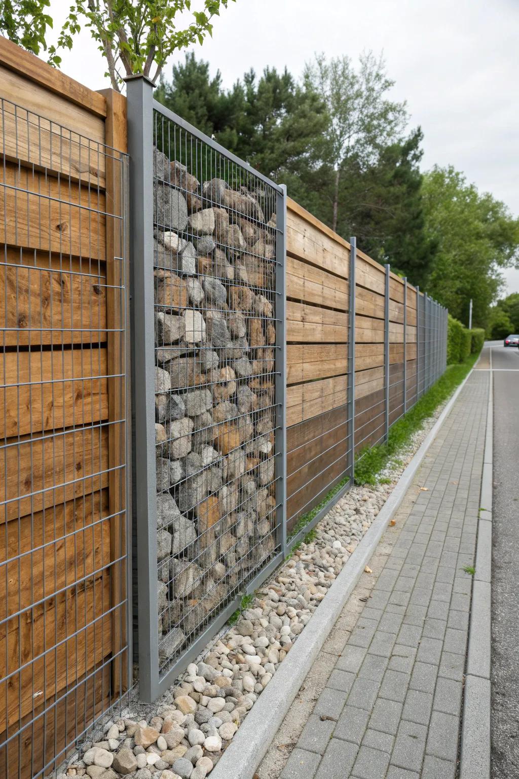 Gabion fence blending wooden and metal elements creating rich visual contrasts.