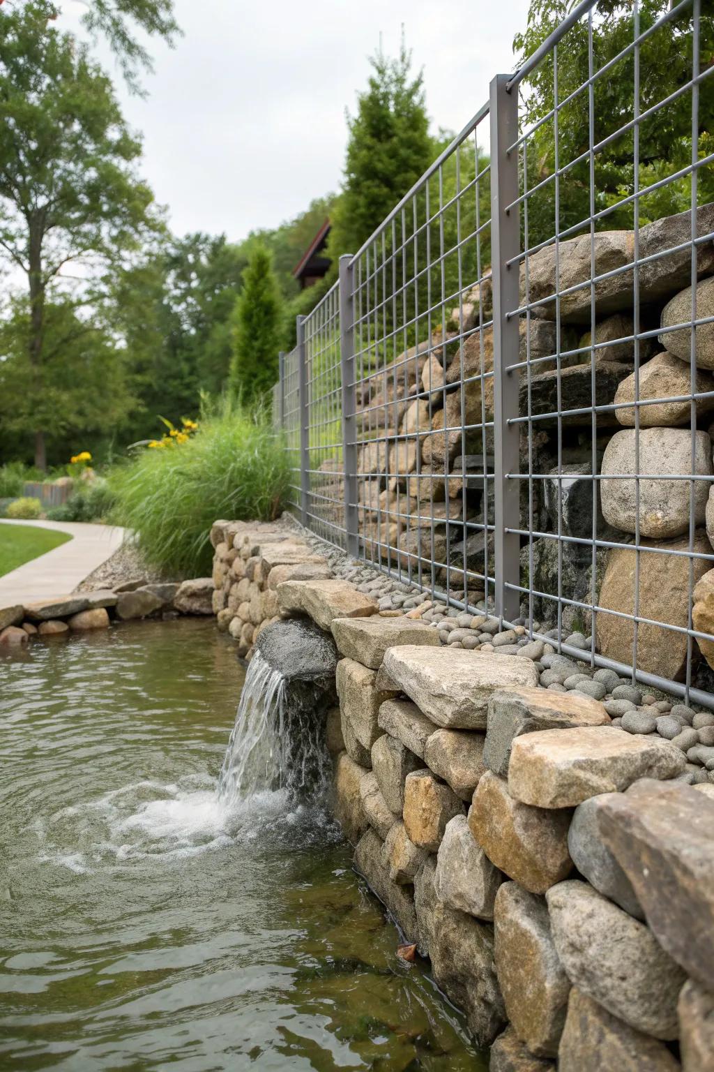 Tranquil water element elegantly embedded within the gabion fence, enhancing serenity.