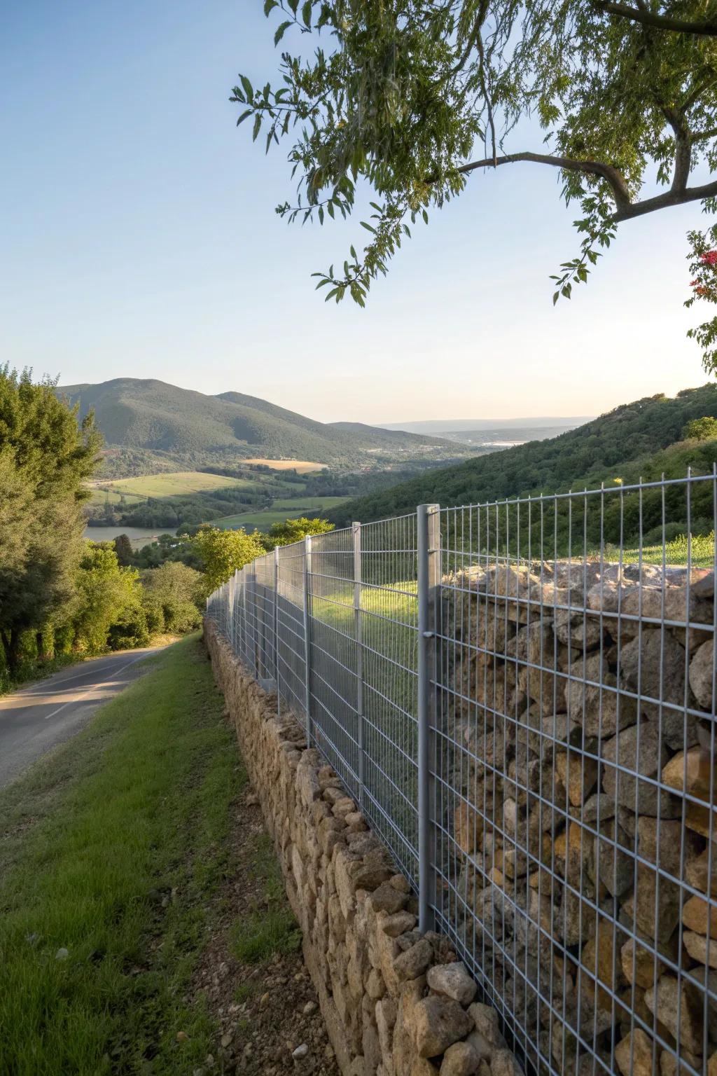 Gabion fence offering privacy while still revealing glimpses of the surroundings.