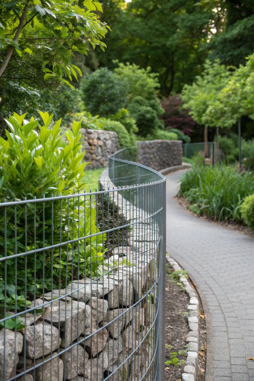 Softly curved gabion fence flowing elegantly along the garden edge.