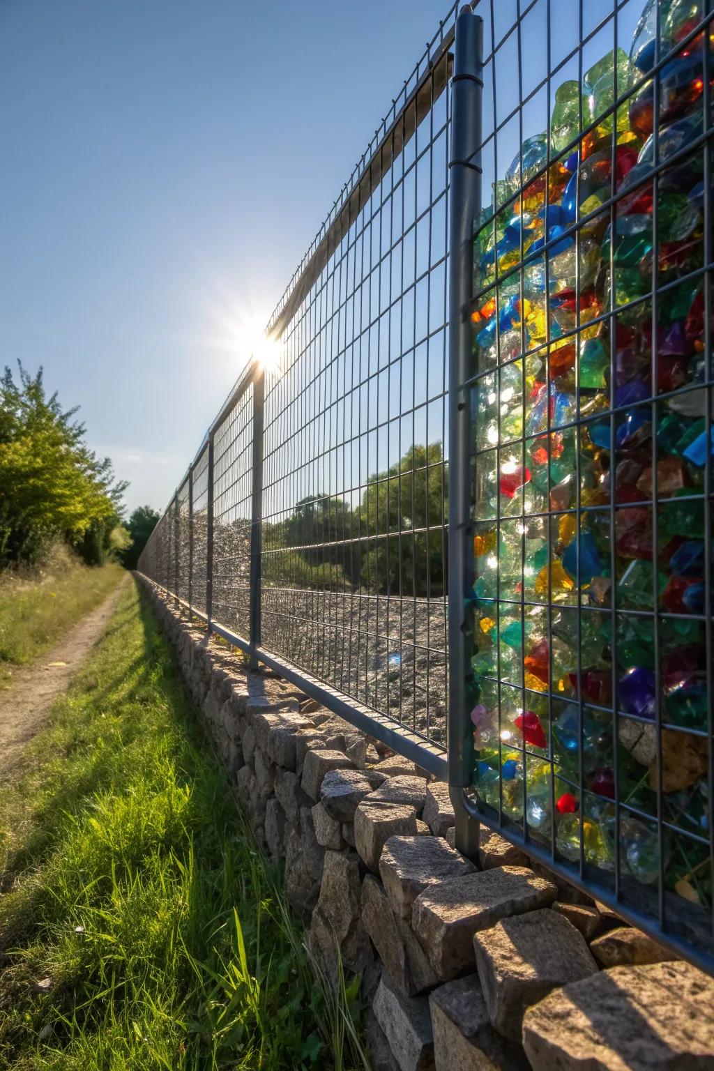 Gabion fence brightly accented with colorful glass pieces catching sunlight.