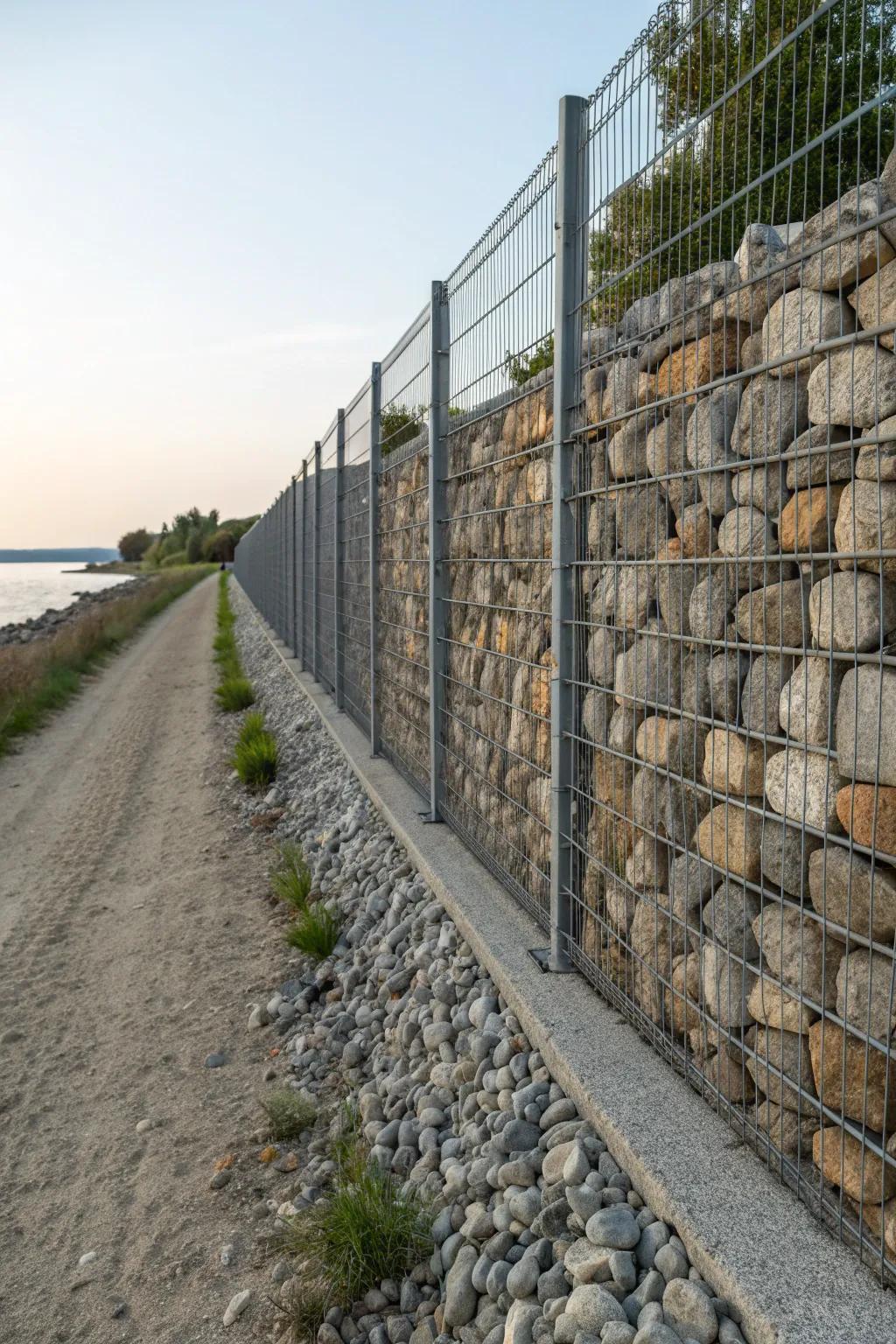 Gabion fence featuring a mixture of smooth and rough stone textures for a lively effect.