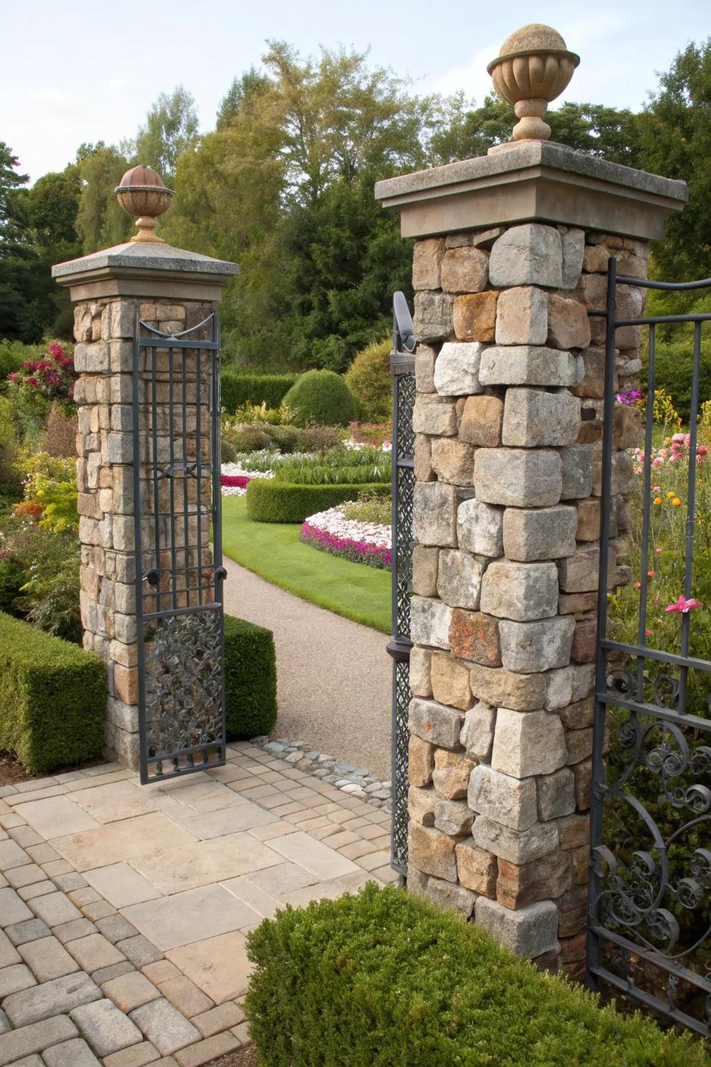 Gabion pillars framing a welcoming garden gate with flair and stability.
