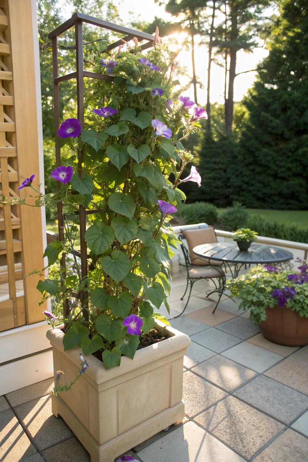 Container-grown morning glories bring color to any space.