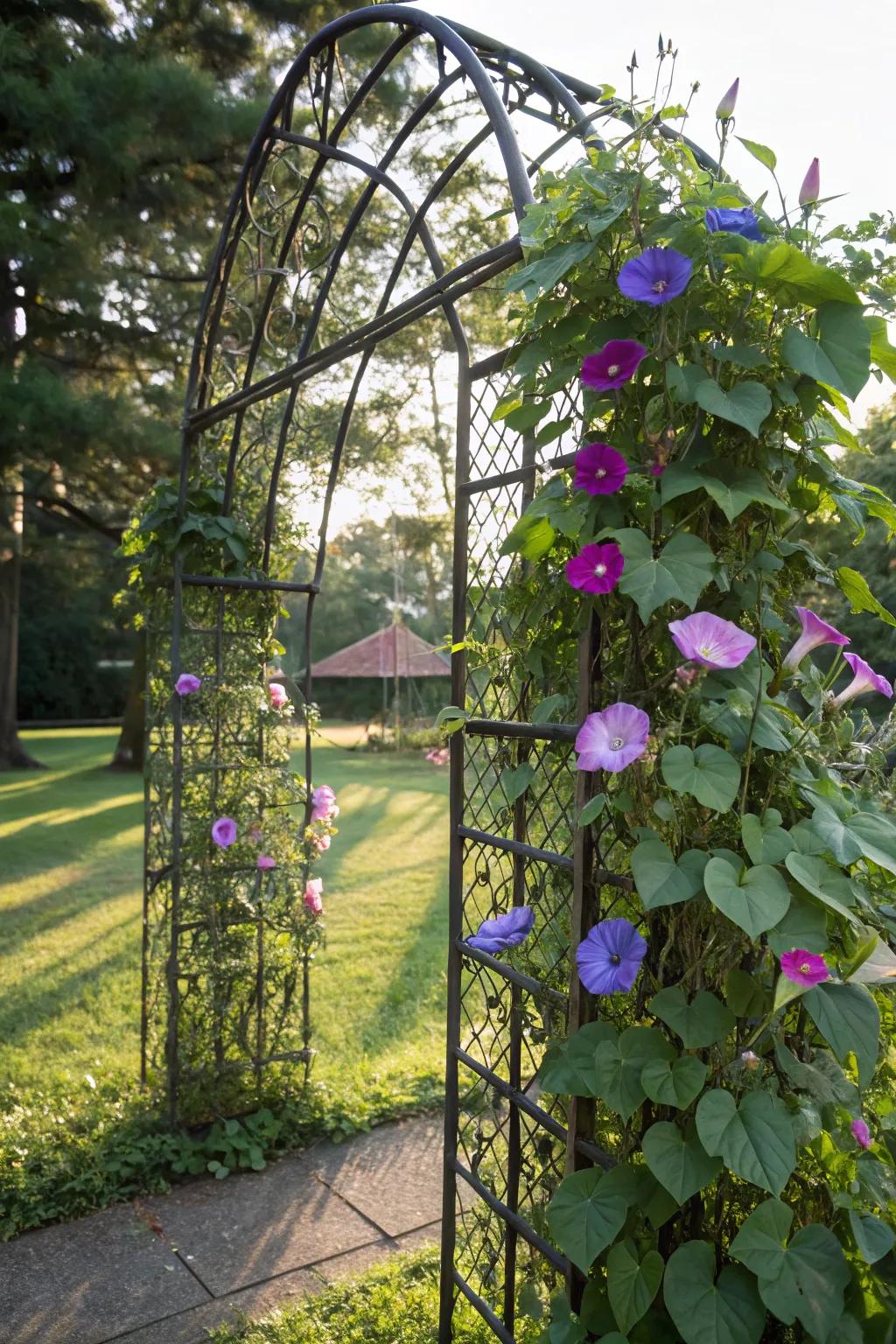 Morning glories create living sculptures on garden trellises.