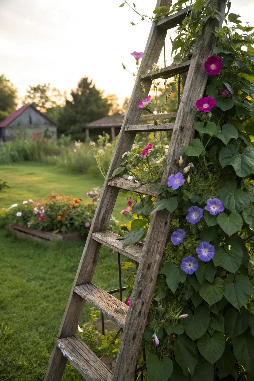 Rustic elements enhance the charm of morning glories.