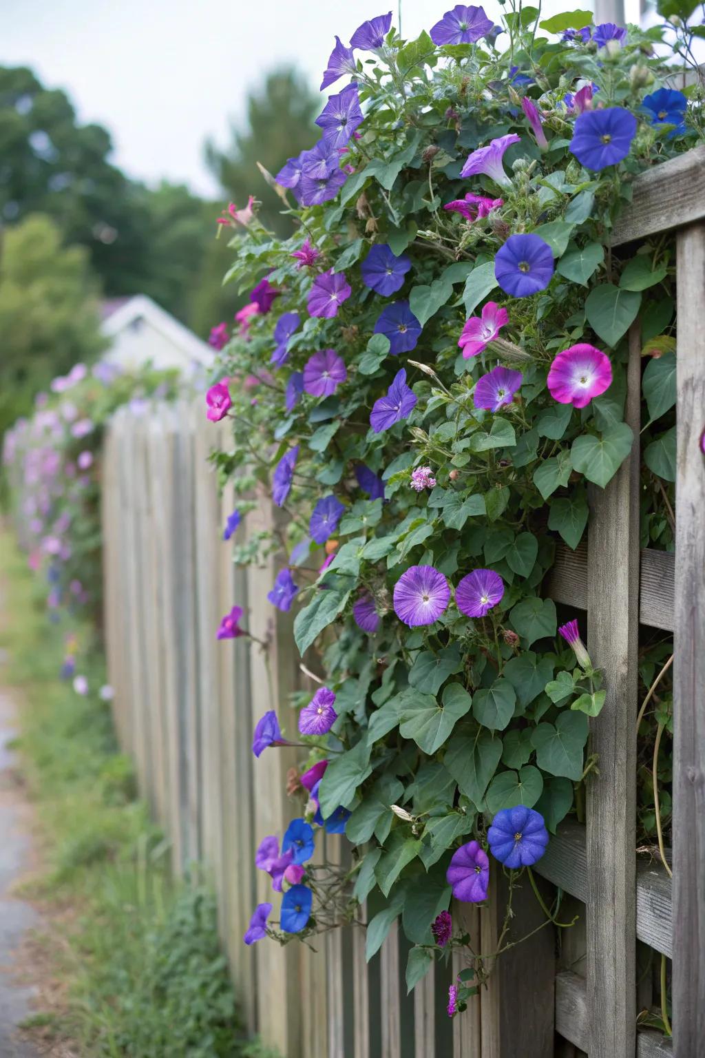 Morning glories transform a fence into a floral masterpiece.